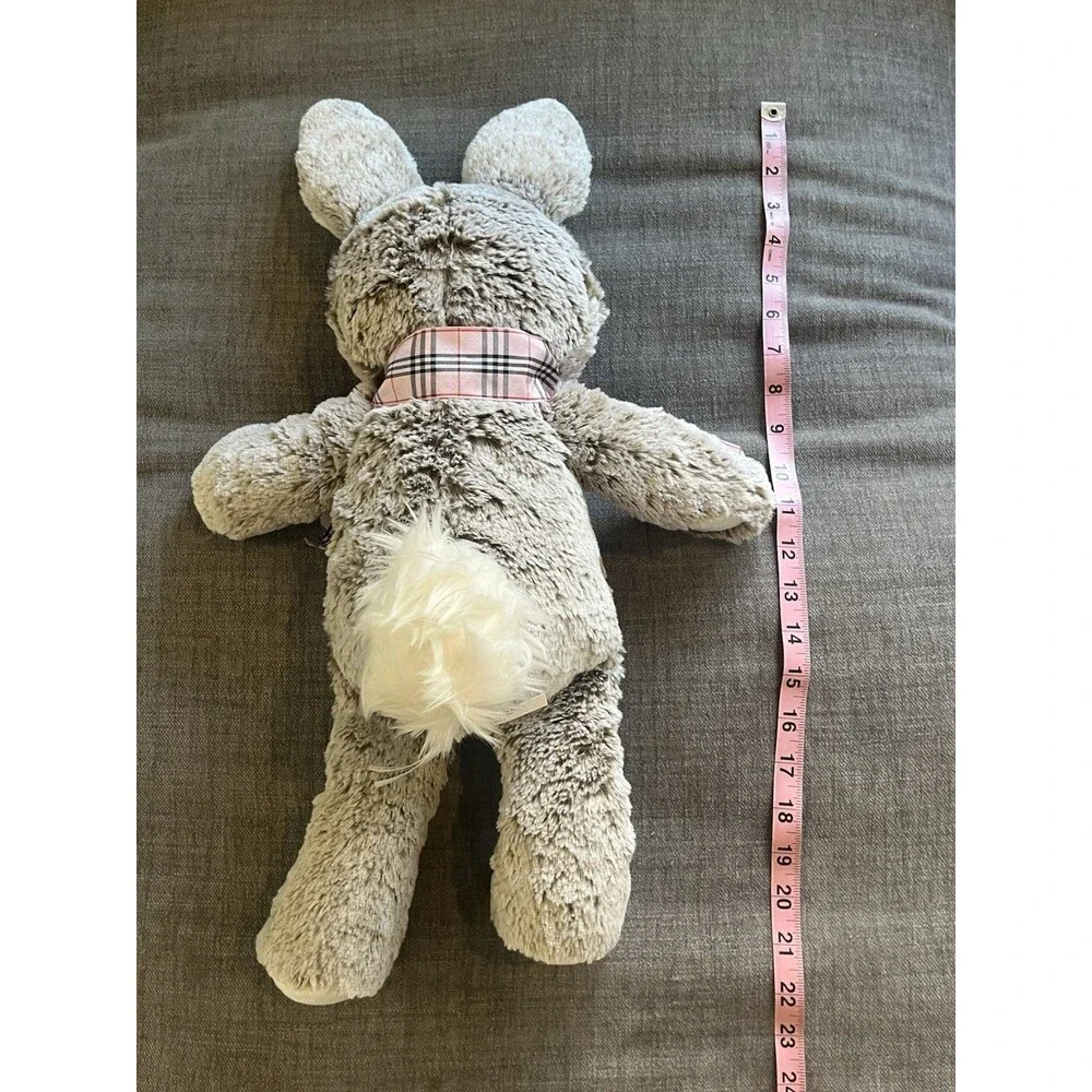 Pottery Barn Kids Gray Plush  Bunny Rabbit Stuffed Animal Pink Plaid Bow Easter